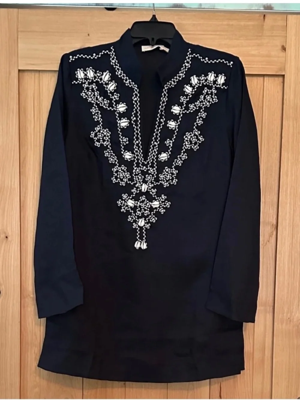 Tory Burch Embellished Linen Tunic Cover Up Navy Blue Cowrie Shell Size S NWOT